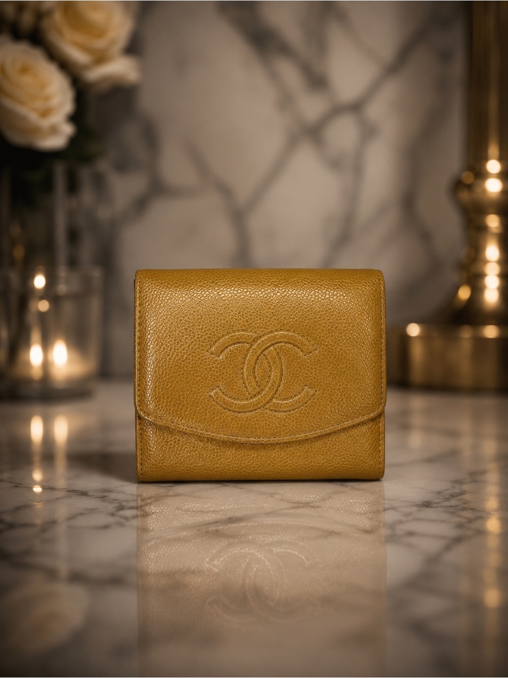 CHANEL Cambon Ligne Camel Caviar Leather Snap Bifold Wallet | Authentic